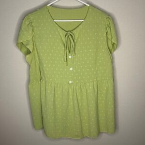 SHEIN CURVE Plus Women 1XL Lime Green Swiss Dot Peplum Tie Flutter Sleeve Blouse
